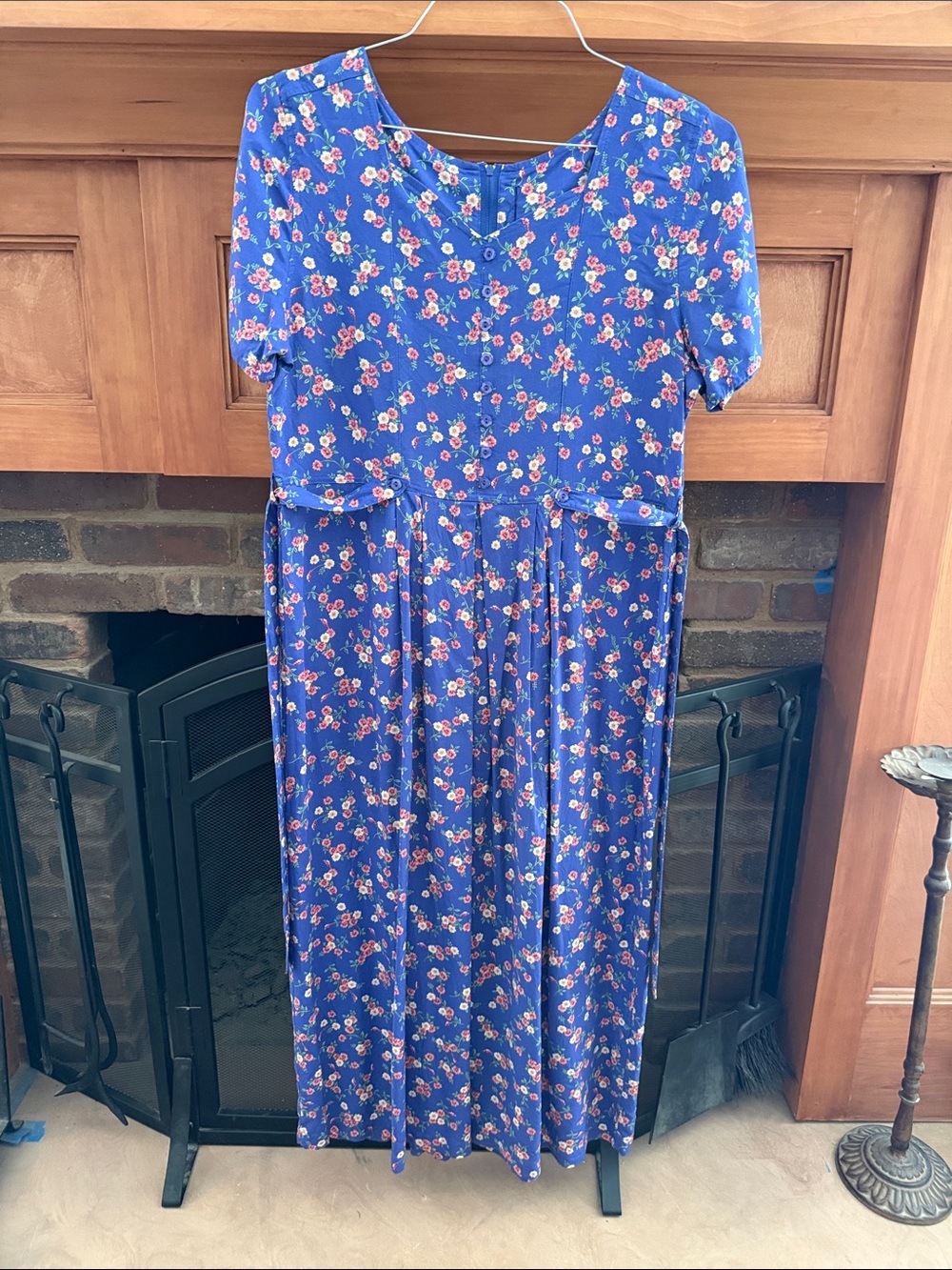 VTG Erika Blue Pink Floral Tie Back Flower Button Maxi Dress Momcore Modest